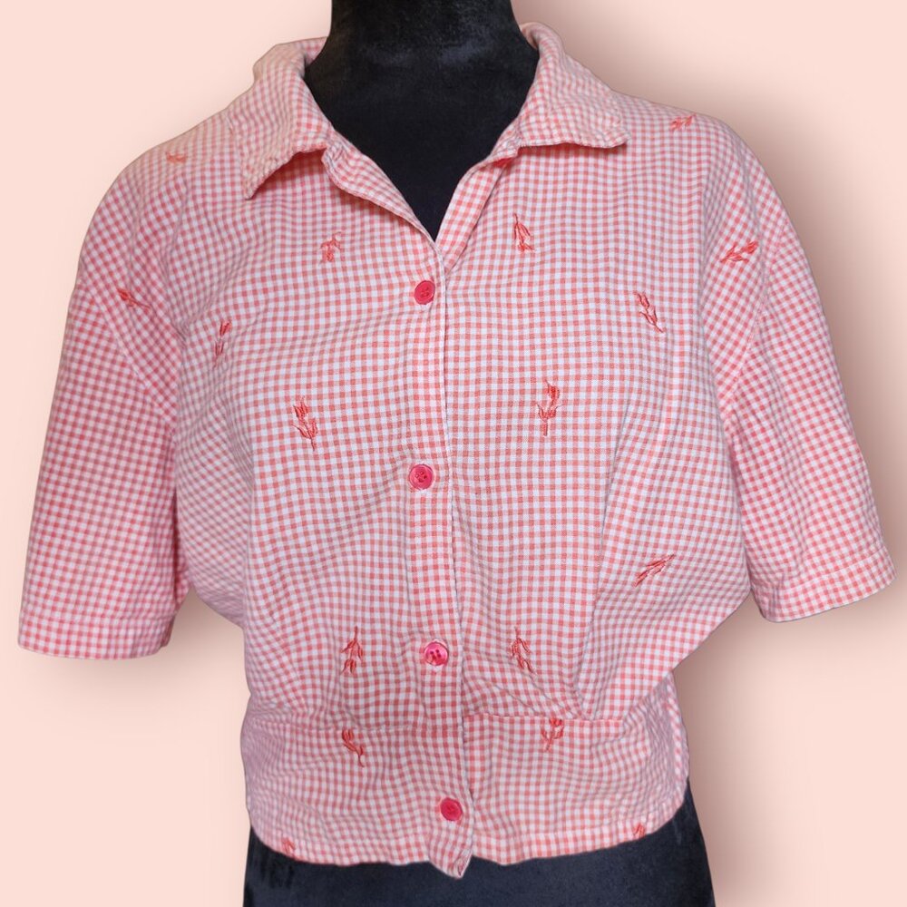 Vintage Jennifer Moore embroidered checkered gingham cropped button down shirt
